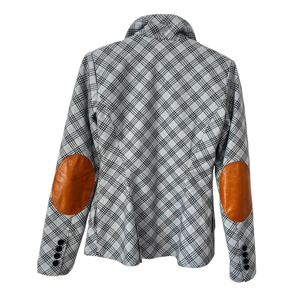 SMYTHE Duchess Plaid Blazer Blue Grey Leather Elbow Patches Size 4 - Picture 3 of 8